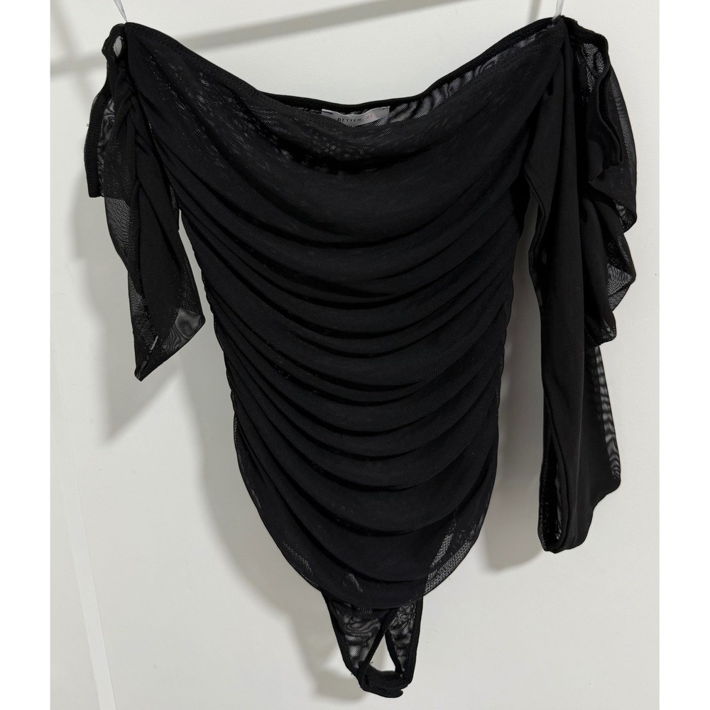 BETTER BE Black Mesh Ruched Off Shoulder Long Sleeve Bodysuit Size S Chico